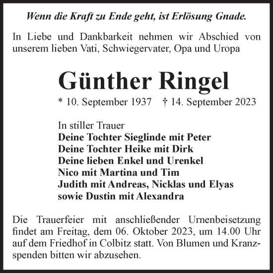 Traueranzeige von Günther Ringel von Volksstimme Haldensleben/Wolmirstedt