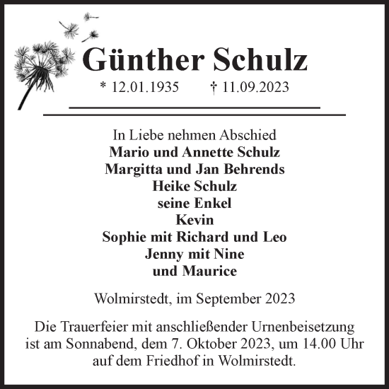 Traueranzeige von Günther Schulz von Volksstimme Haldensleben/Wolmirstedt