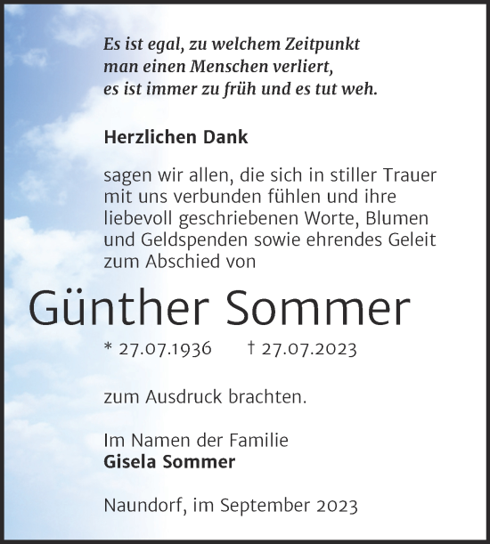 Traueranzeige von Günther Sommer von Trauerkombi Wittenberg