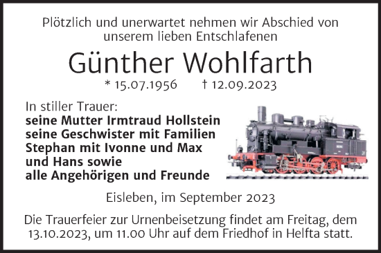 Traueranzeige von Günther Wohlfarth von Trauerkombi Mansfelder Land