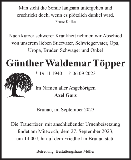 Traueranzeige von Günther Waldemar Töpper von Volksstimme Altmark West