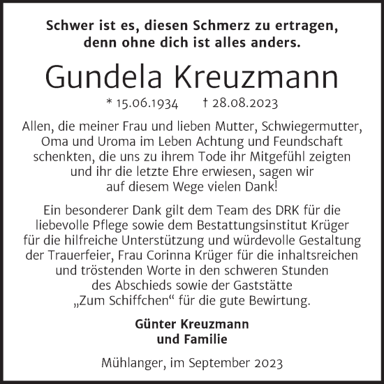 Traueranzeige von Gundela Kreuzmann von Trauerkombi Wittenberg