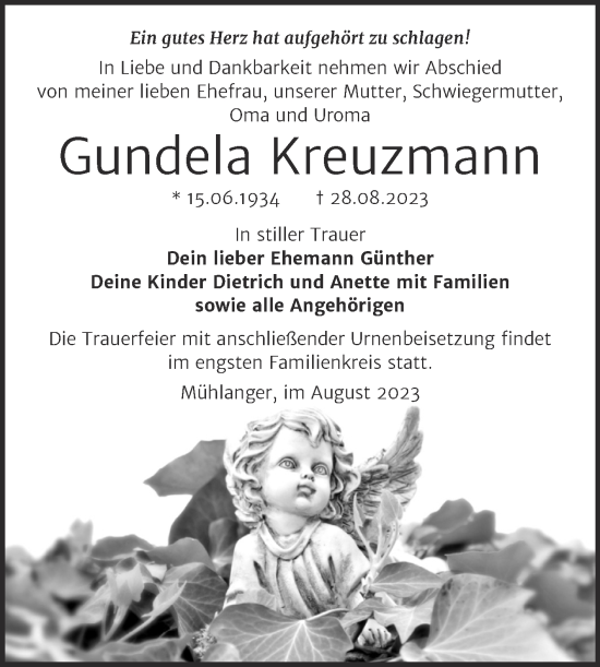 Traueranzeige von Gundela Kreuzmann von Trauerkombi Wittenberg