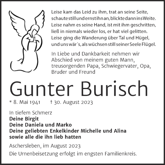 Traueranzeige von Gunter Burisch von Trauerkombi Aschersleben