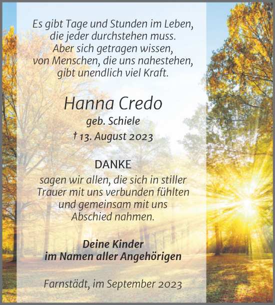 Traueranzeige von Hanna Credo von Trauerkombi Merseburg