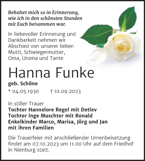 Traueranzeige von Hanna Funke von Trauerkombi Bernburg