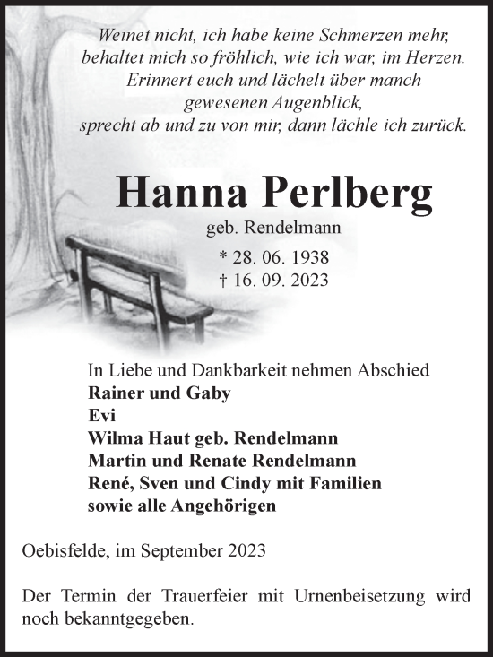 Traueranzeige von Hanna Perlberg von Volksstimme Altmark West
