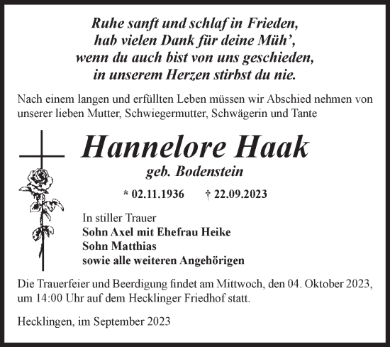 Traueranzeige von Hannelore Haak von Volksstimme Staßfurt