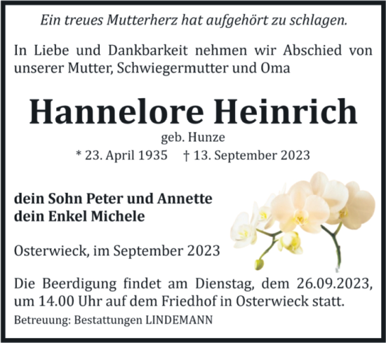 Traueranzeige von Hannelore Heinrich von Volksstimme Halberstadt