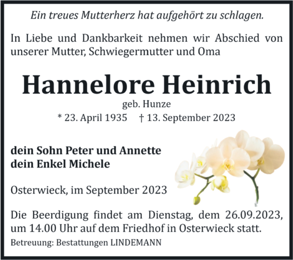  Traueranzeige für Hannelore Heinrich vom 16.09.2023 aus Volksstimme Halberstadt