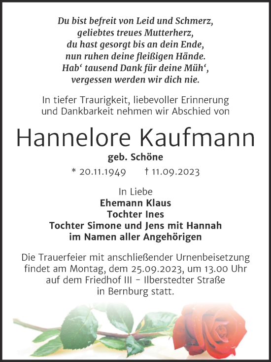 Traueranzeige von Hannelore Kaufmann von Trauerkombi Bernburg