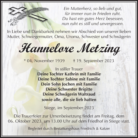 Traueranzeige von Hannelore Metzing von Volksstimme Wernigerode