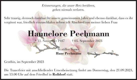 Traueranzeige von Hannelore Pechmann von Volksstimme Burg/Genthin