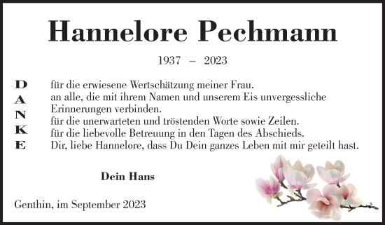 Traueranzeige von Hannelore Pechmann von Volksstimme Burg/Genthin