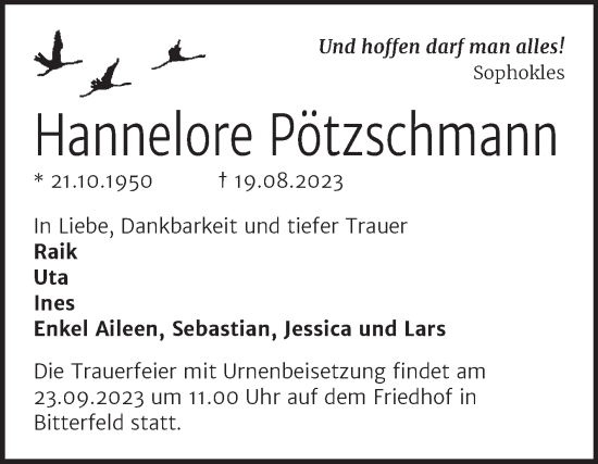 Traueranzeige von Hannelore Pötzschmann von Trauerkombi Bitterfeld