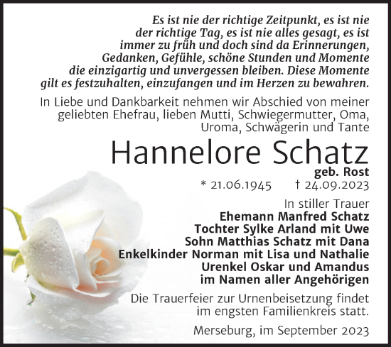 Traueranzeige von Hannelore Schatz von Trauerkombi Merseburg
