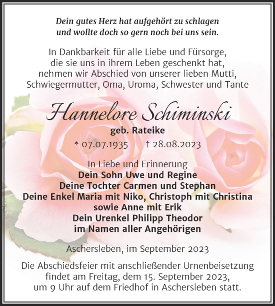 Traueranzeige von Hannelore Schiminski von Trauerkombi Aschersleben