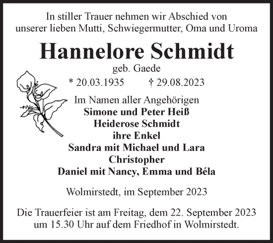 Traueranzeige von Hannelore Schmidt von Volksstimme Haldensleben/Wolmirstedt