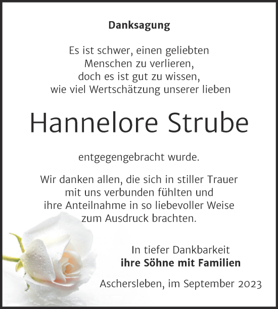 Traueranzeige von Hannelore Strube von Trauerkombi Aschersleben