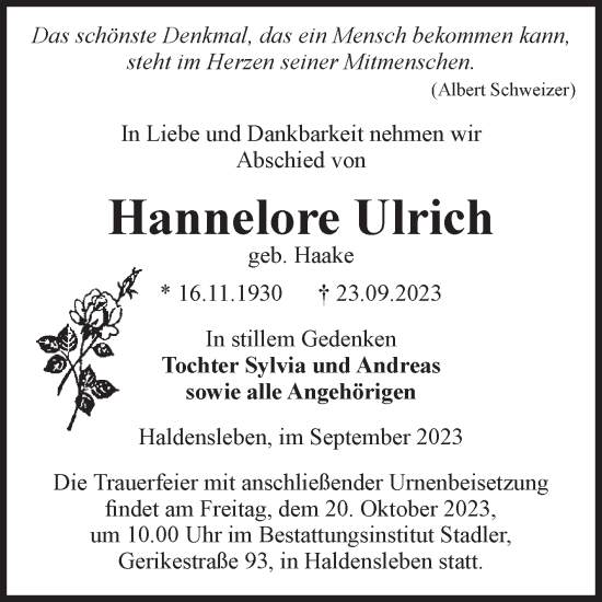 Traueranzeige von Hannelore Ulrich von Volksstimme Haldensleben/Wolmirstedt