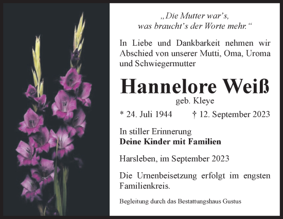 Traueranzeige von Hannelore Weiß von Volksstimme Halberstadt