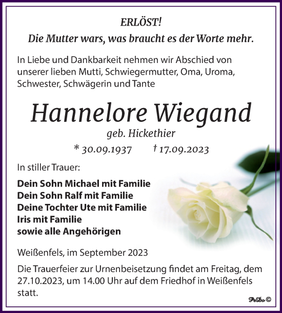 Traueranzeige von Hannelore Wiegand von Trauerkombi Weißenfels