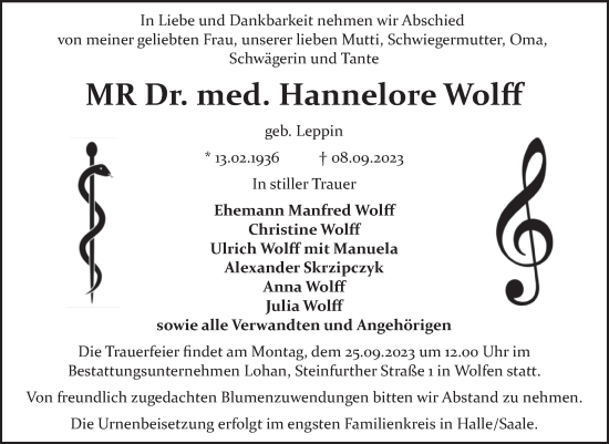 Traueranzeige von Hannelore Wolff von Trauerkombi Bitterfeld