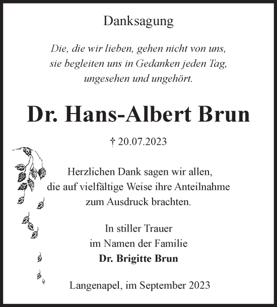 Traueranzeige von Hans-Albert Brun von Volksstimme Altmark West