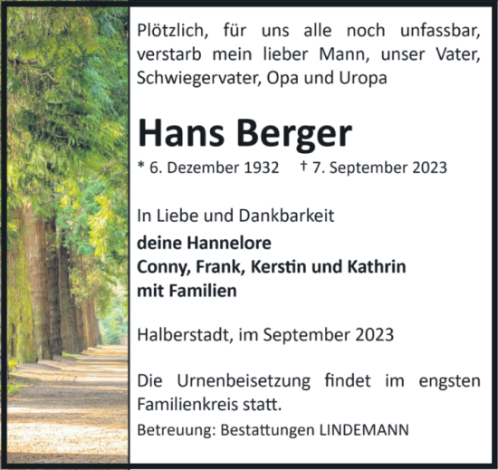Traueranzeige von Hans Berger von Volksstimme Halberstadt