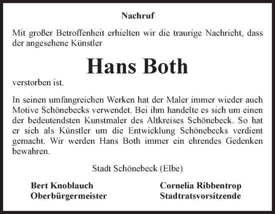 Traueranzeige von Hans Both von Volksstimme Schönebeck