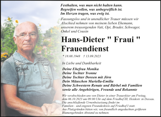 Traueranzeige von Hans-Dieter Frauendienst von Trauerkombi Dessau