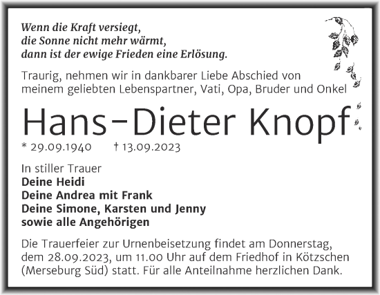 Traueranzeige von Hans-Dieter Knopf von Trauerkombi Merseburg