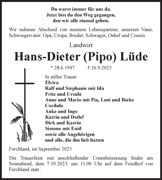 Traueranzeige von Hans-Dieter Lüde von Volksstimme Burg/Genthin
