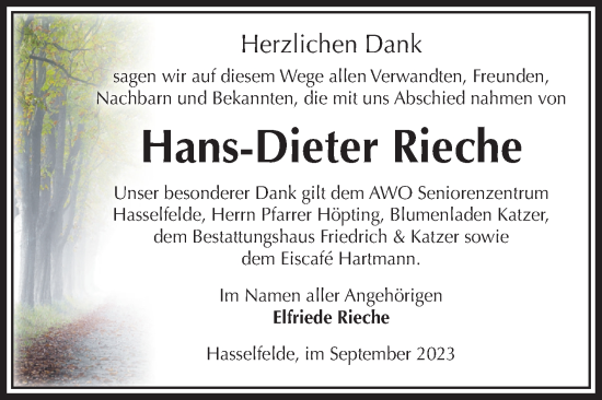 Traueranzeige von Hans-Dieter Rieche von Volksstimme Wernigerode