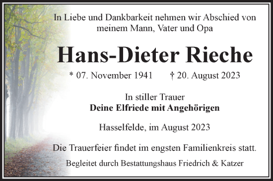 Traueranzeige von Hans-Dieter Rieche von Volksstimme Wernigerode