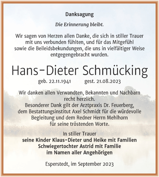 Traueranzeige von Hans-Dieter Schmücking von Trauerkombi Merseburg