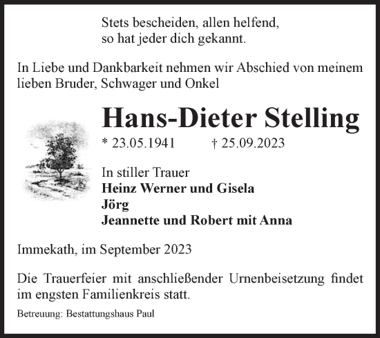 Traueranzeige von Hans-Dieter Stelling von Volksstimme Altmark West
