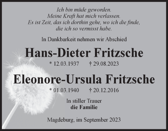Traueranzeige von Hans-Dieter und Eleonore-Ursula Fritzsche von Volksstimme Magdeburg