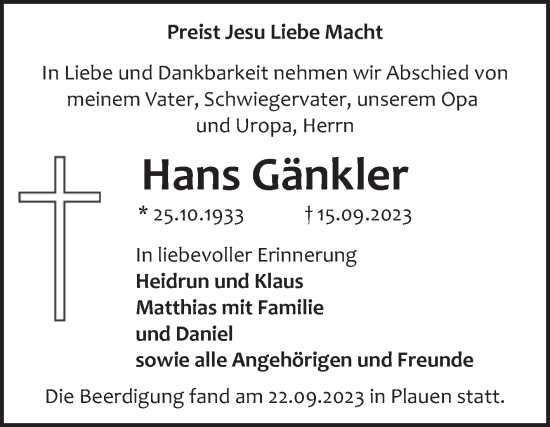 Traueranzeige von Hans Gänkler von Mitteldeutsche Zeitung Aschersleben