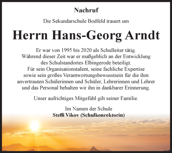 Traueranzeige von Hans-Georg Arndt von Volksstimme Wernigerode