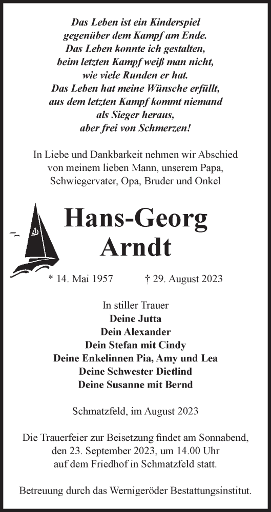 Traueranzeige von Hans-Georg Arndt von Volksstimme Wernigerode