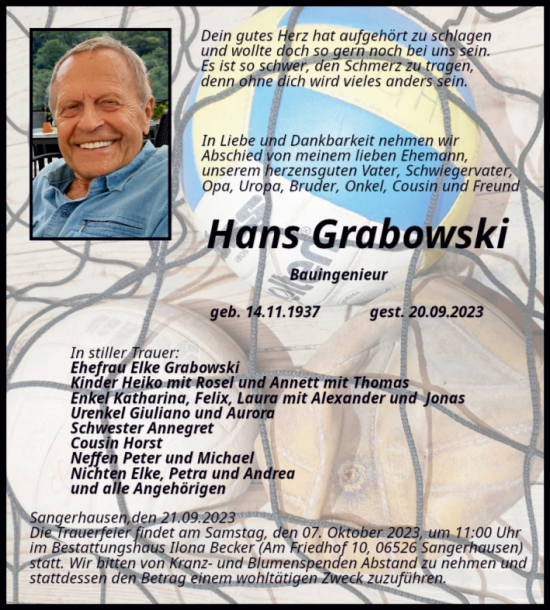 Traueranzeige von Hans Grabowski von Trauerkombi Sangerhausen