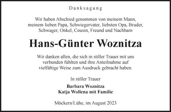 Traueranzeige von Hans-Günter Woznitza von Volksstimme Burg/Genthin