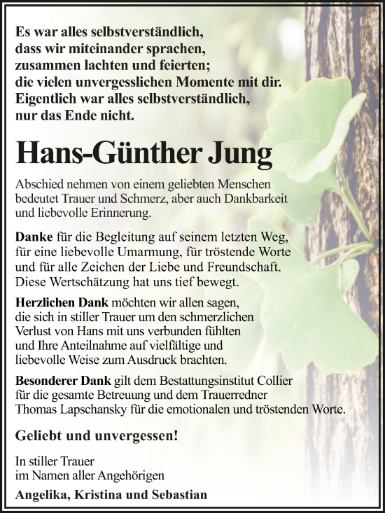 Traueranzeige von Hans-Günther Jung von Trauerkombi Dessau