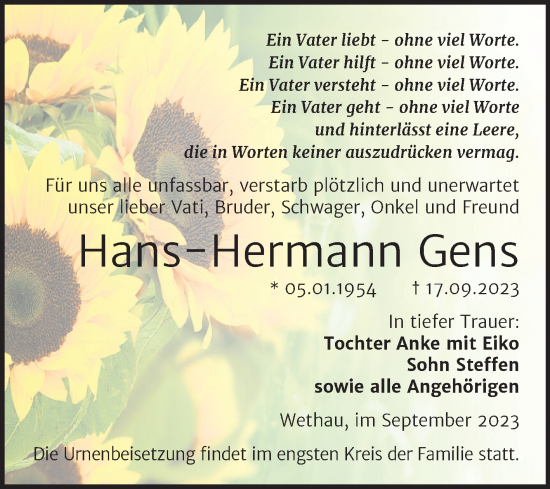 Traueranzeige von Hans-Hermann Gens von Naumburger Tageblatt