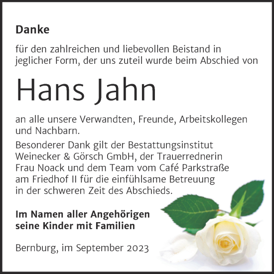 Traueranzeige von Hans Jahn von Trauerkombi Bernburg