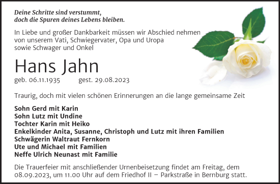 Traueranzeige von Hans Jahn von Trauerkombi Bernburg