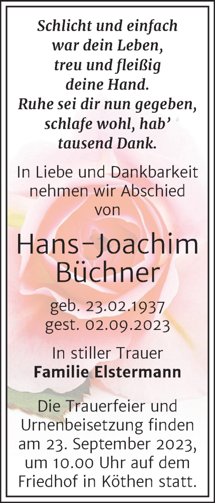Traueranzeige von Hans-Joachim Büchner von Trauerkombi Köthen