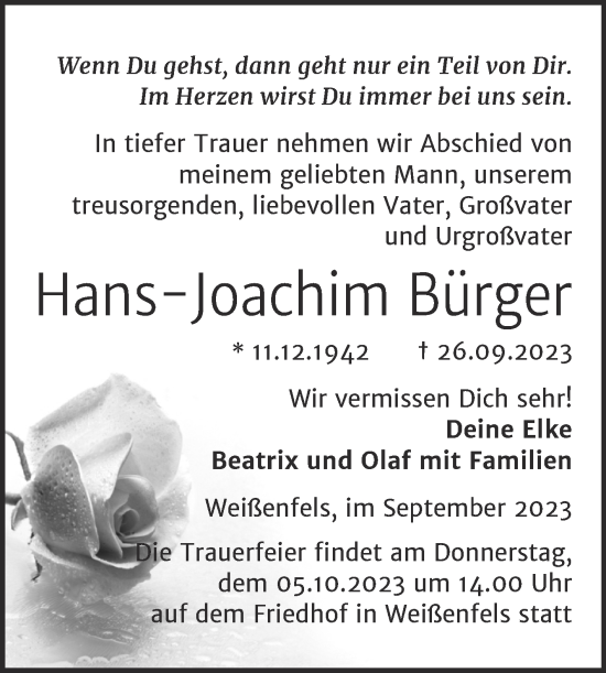 Traueranzeige von Hans-Joachim Bürger von Trauerkombi Weißenfels