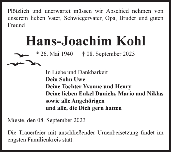 Traueranzeige von Hans-Joachim Kohl von Volksstimme Altmark West